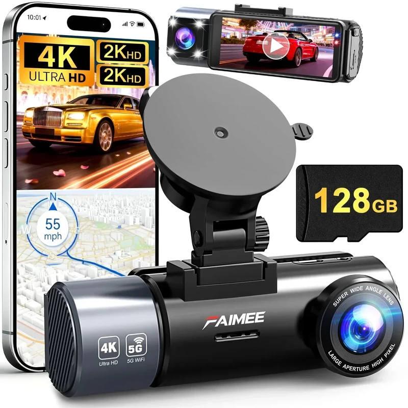 4K+2K+2K 3 Channel Dash Cam Front and Rear, 128GB Card Included, Dash Camera for Cars 5.8G/2.4G Dual Wifi, Built-in GPS, Night Vision, WDR, 170°Wide Angle, G-Sensor Emergency Lock, 24H Parking Monitor