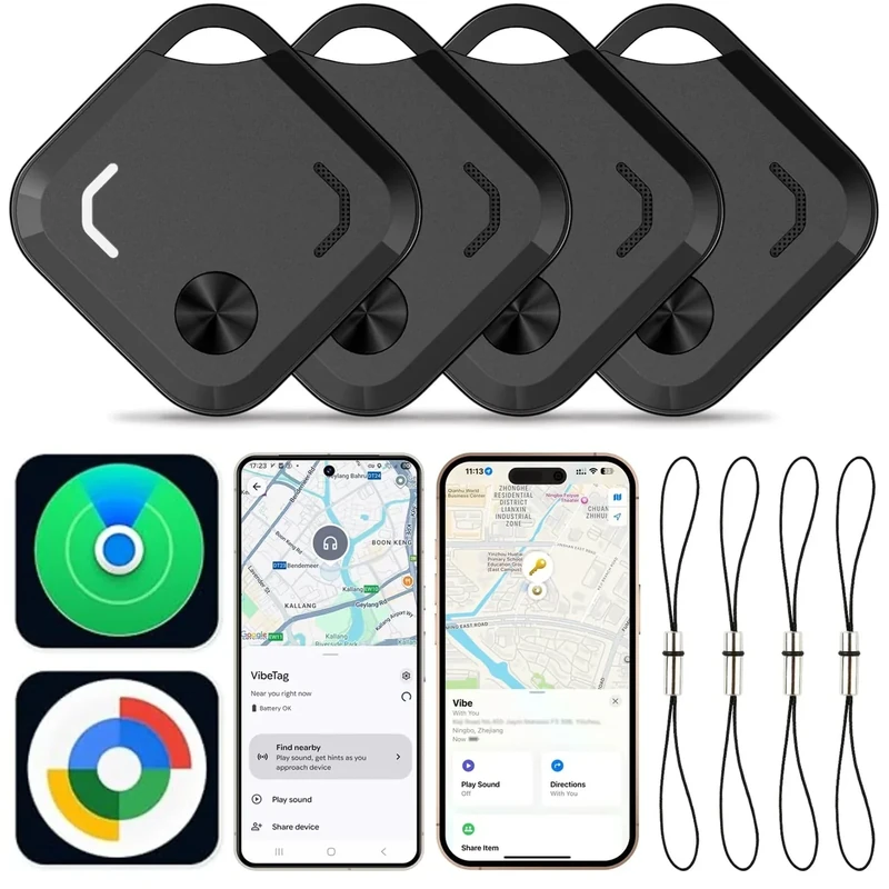 Reyke GPS Tracker, Smart Tag & Key Finder for Keys, Luggage and Suitcases, IP66 Waterproof, Wallet Tracker, Compatible with iOS & Android, 4-Pack Black