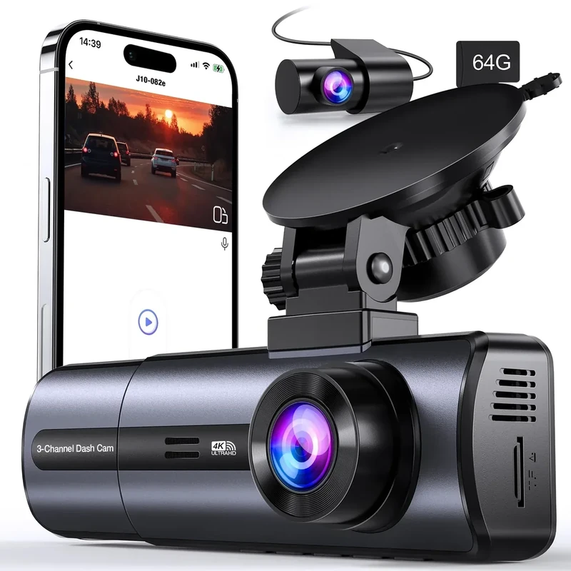 Tuisau 3-Channel 4K Dash Cam with 5GHz WiFi, 64GB Card, Parking Mode