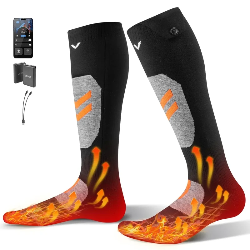 VEVOR Heated Socks, 5000mAh Battery Rechargeable Heating Socks with 4 Heating Levels, Electric Heated Sock with APP Control for Men Women, Foot Warmer for Hunting Riding Camping Hiking, Small Size