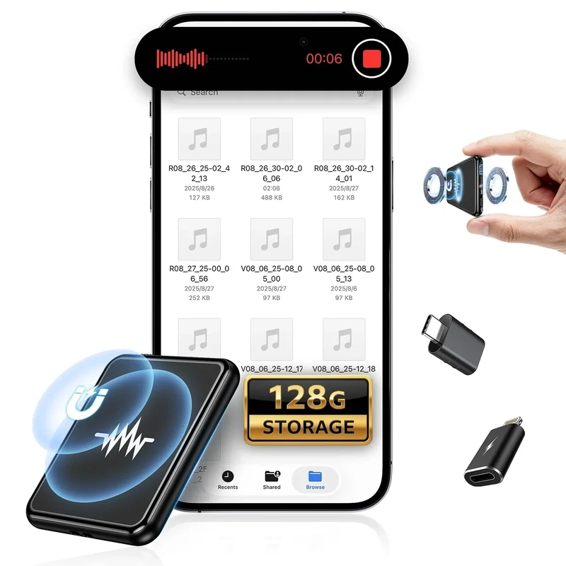 128G (9800 Hour) Voice Activated Recorder, Double-Sided Magnetic Voice Recorder with Playback, Audio Recorder with AI-Intelligent Noise Reduction, 70H Continuous for Lectures, Meetings