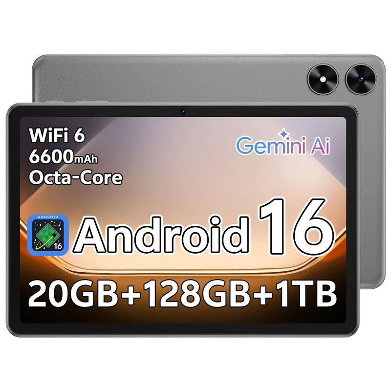 SHARECLOUD Android 16 Tablet 10.1 inch Tablet with Octa-Core Processor, 20GB RAM 128GB ROM 1 TB Expandable, 1280x800 HD IPS Touch Screen, GPS, 8H Battery, WiFi 6, BT 5.2, Dual Camera (Gray)
