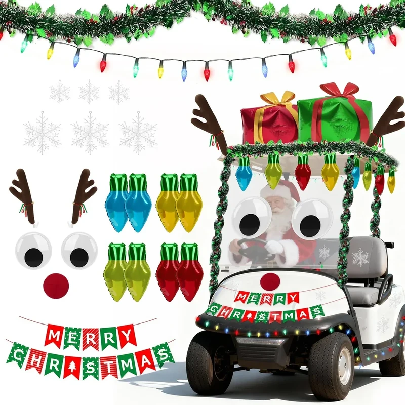 YIBOBO Christmas Golf Cart Decoration Kit, Xmas Car Decor - Reindeer Antler with Nose, Present Box and Bulb Foil Balloons, Fake Snowflake, String Lights, Tinsel Garland, Xmas Banner for Holiday Parade