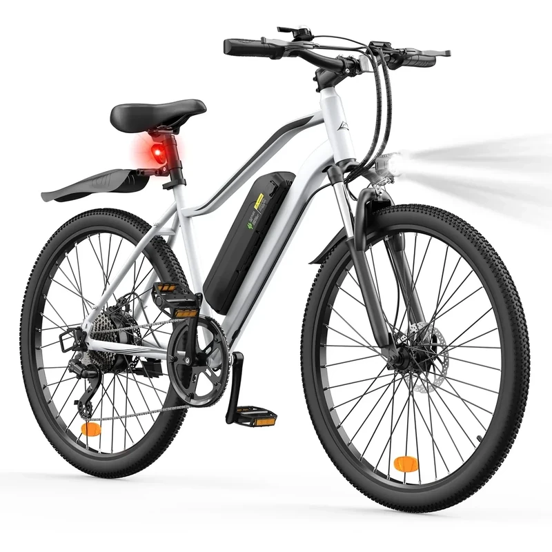 Fcgeoi Electric Bike, 750W Peak Motor 20MPH & 60+ Miles, 26" Tire, 36V 10.4Ah Removable Battery, Dual Disc Brake, Front Shock Absorber, Commuting Electric Bicycle for Adults White