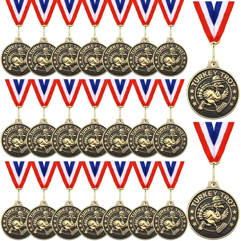 Kigeli Turkey Trot Medals 2'' Thanksgiving Turkey Medals Turkeys Gold Award Bowl Prizes Trophies with Ribbon Bulk for Thanksgiving Trot Bowl, Community Holiday Events, Sports Day Prizes (24)