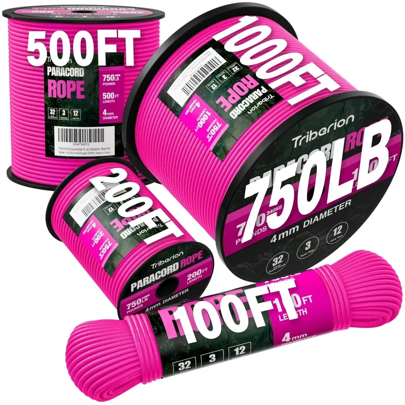 TRIBERION Paracord Rope 750 lb - 200ft 5/32" Parachute Cord 4MM 12-Strand para Cord - Heavy Duty Spool String for Survival,Camping Gear, Survival Bracelet, Clothesline - Rose Pink