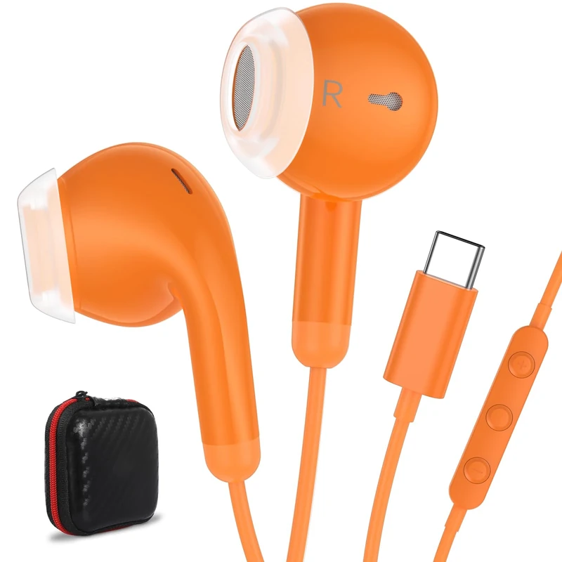 USB C Earbuds Wired USB Type-C Headphones for Apple iPhone 17 16 15 Pro/iPad 10th Generation for Pixel 10 9 Pro Earphones with Microphone Volume Control Noise Isolating HiFi Stereo Headset Orange