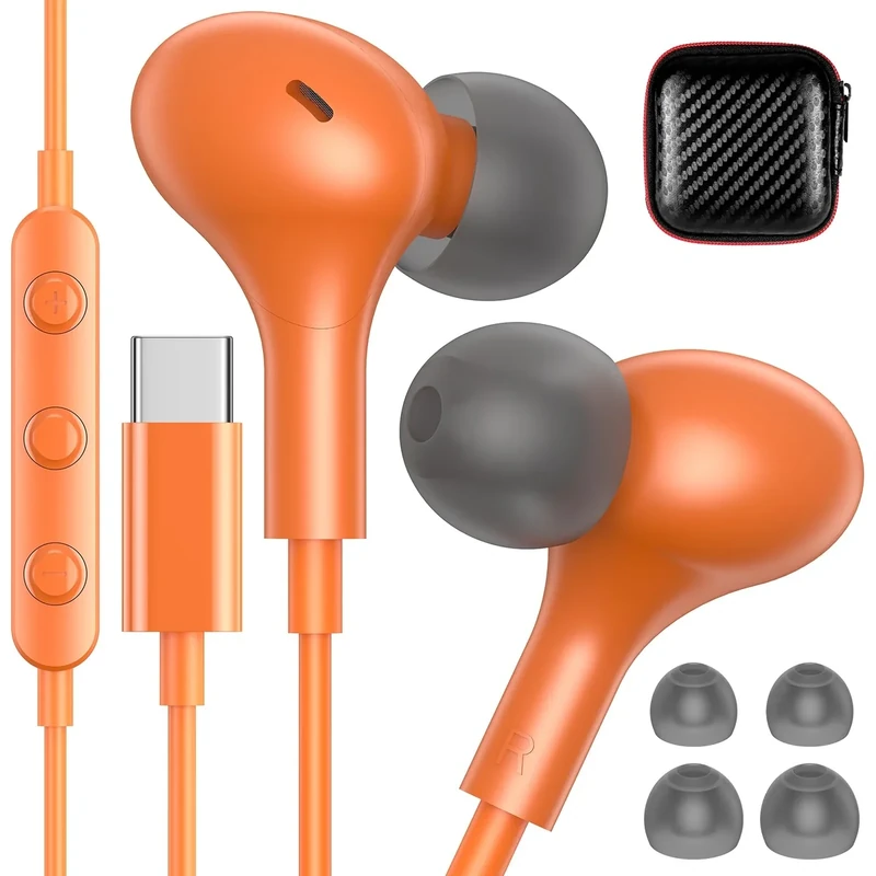 USB C Headphones for Apple Wired Earbuds for iPhone 17 Pro Max Air 16 Plus 15 16e, Small in Ear Bud Corded USBC Earphones Type C for Samsung/Android for Galaxy S25 S24 S23 S22 Note 20 10 Ultra Orange
