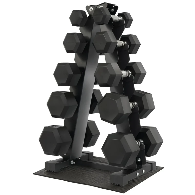 150 lb Dumbbell Set with Rack – 5/10/15/20/25 lb Pairs, Rubber Hex Weights for Home Gym, Cast Iron A-Frame Storage Stand for Full-Body Workout