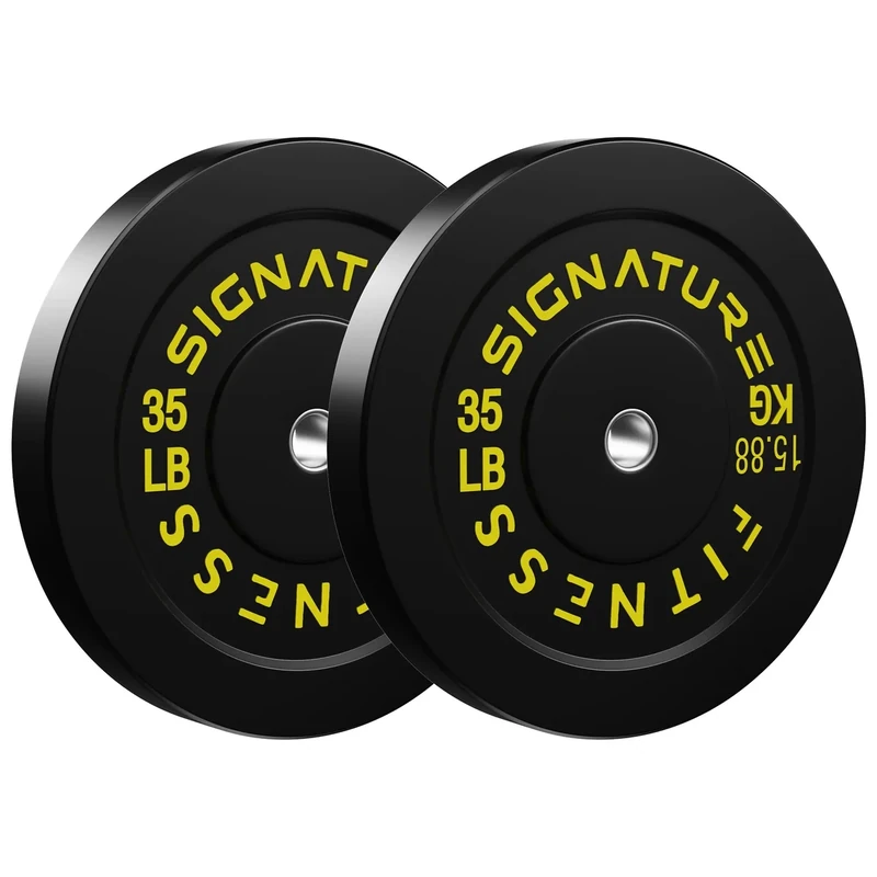 35LB Pair Solid Rubber Weight Plates | 2X17.5LB Black Bumper Plates with White Lettering | 2-Inch Olympic Barbell Hole for Home Gym & Strength Training