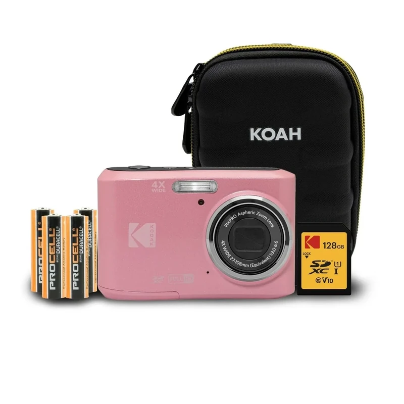 Kodak PIXPRO FZ45 Friendly Zoom 16MP 1080p Full HD Digital Camera (Pastel Pink) with 128GB SD Card, Compact Camera Case and Extra 4X AA Batteries Bundle (4 Items)