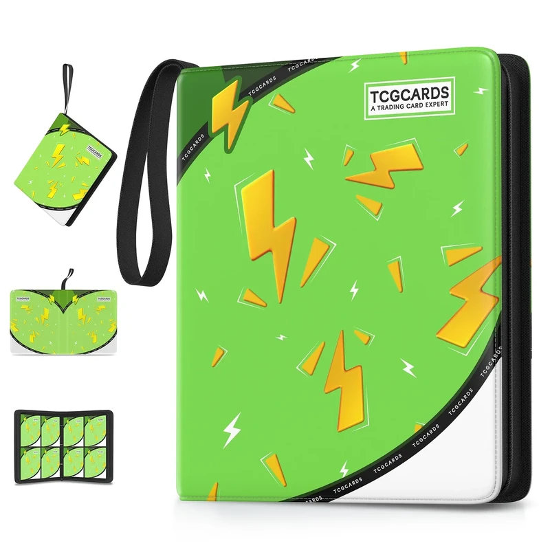 Trading Card Binder 4 Pocket,400 Pocket Card Collection Binder with 50 Removable Sleeves,PU Waterproof Top Card Book,3-Ring Zipper Collectible Trading Card Album for MTG/TCG/Card Holder Gift（Green）