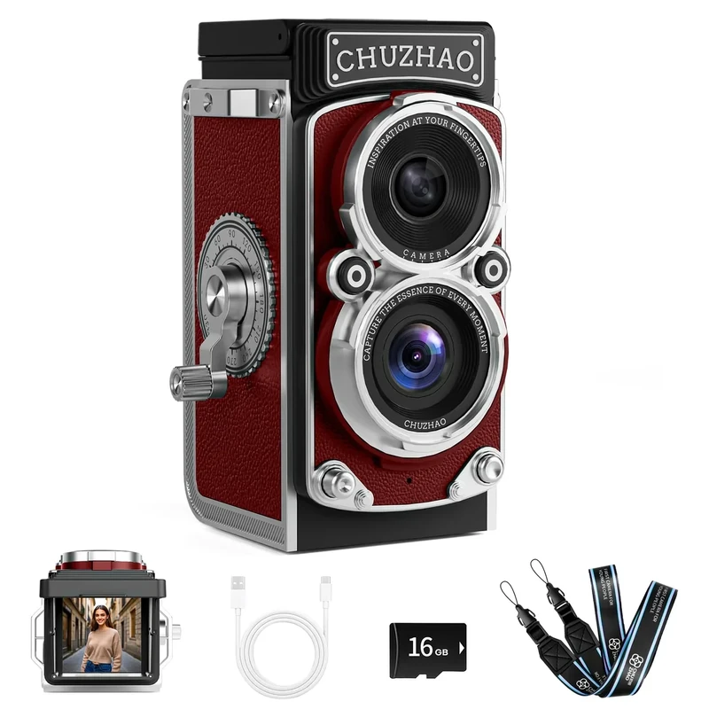 CHUZHAO Mini Retro Digital Camera - Vintage TLR Style Point and Shoot Auto Focus Vlogging Camera, Compact & Portable, 16GB Card Included, Ideal for Beginners, Teens, Adults Red