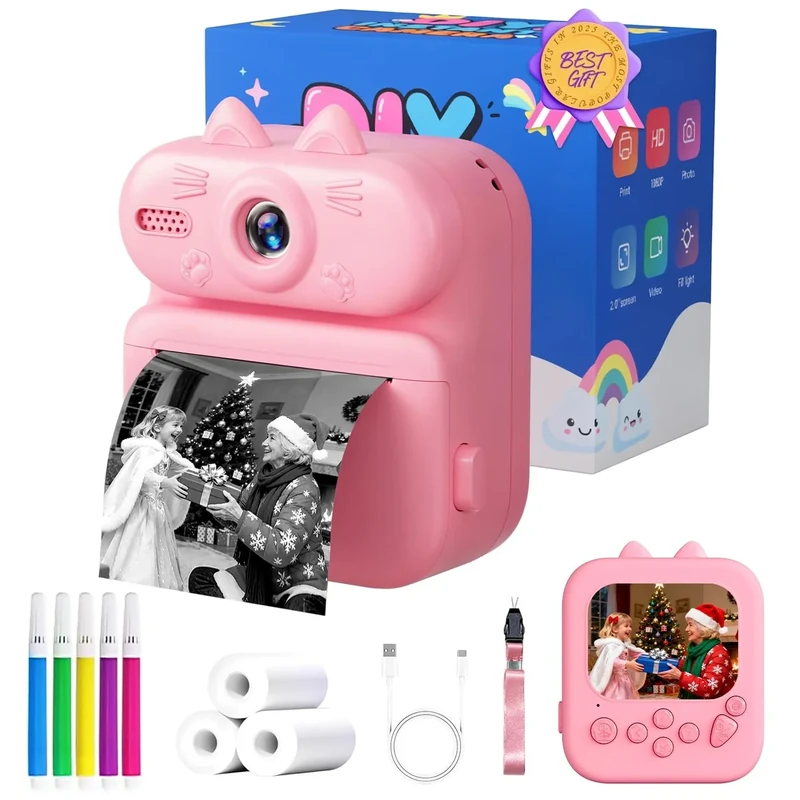 Gleeglee Instant Print Camera 1080P - Pink Cat, 32GB SD, 225 Prints