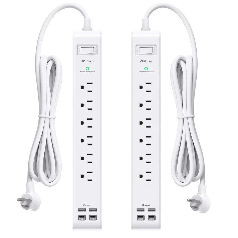 Mifaso 2-Pack 15FT Surge Protector Strip - 6 Outlets, 4 USB (USB-C)
