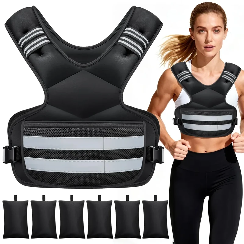 Adjustable Weighted Vest, 4-11lb Rucking Vest for Women and Men with Large Storage Pocket and Reflective Stripe for Cardio, Strength Training