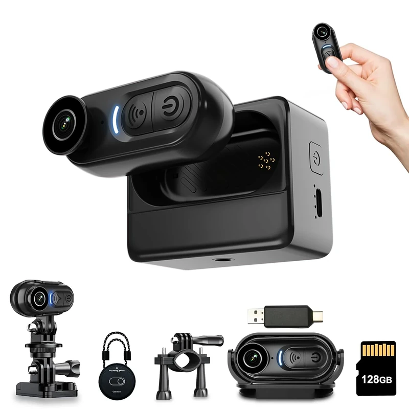 DayDateUp 4K Mini Body Camera 128GB, Thumb Size Action Body Cam, Wearable Sports Cameras,Hands-Free POV Recording, Helmet Mount, Magnetic Sport DV for Bike Cycling,for Vlogging Pet Walk Swim