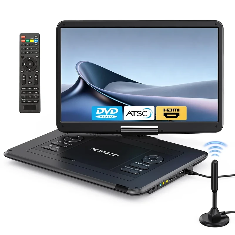 POFOTO 17.5" Portable TV/DVD Player with 15.6" HD Swivel Screen, Built-in ATSC Tuner & FM, Rechargeable Battery, Supports HDMI in/USB/Micro SD/AV Out, Multi-Disc Formats, Black