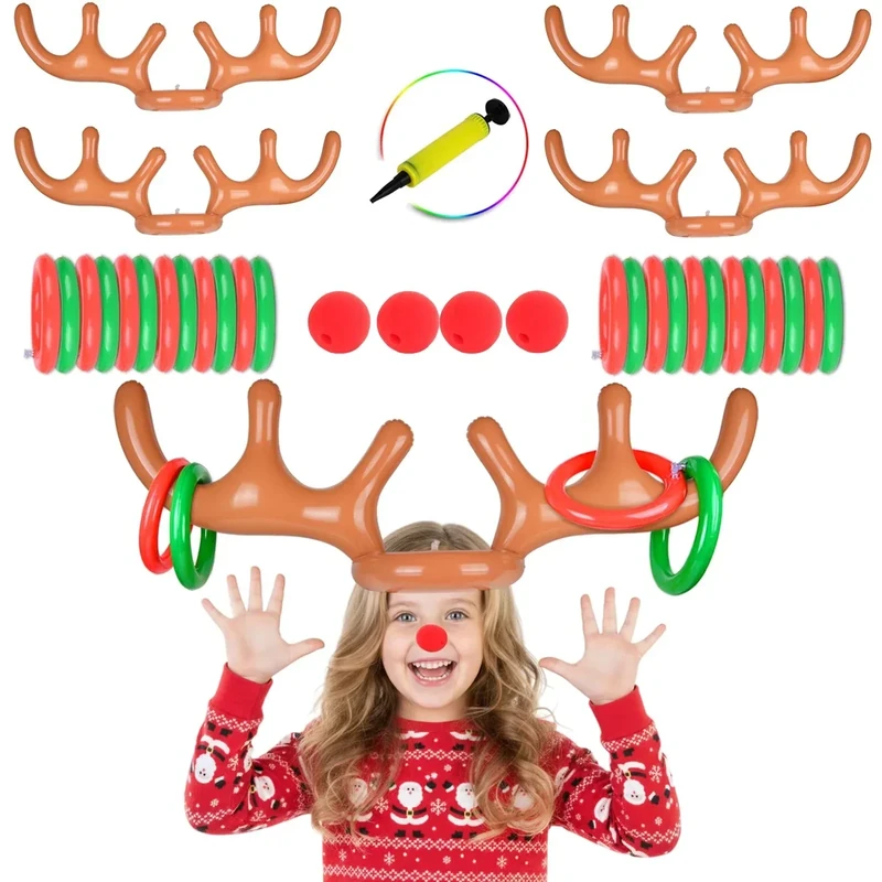 4 Set Inflatable Reindeer Antlers Ring Toss Game, Christmas Games for Family Party Great for Adults and Kids