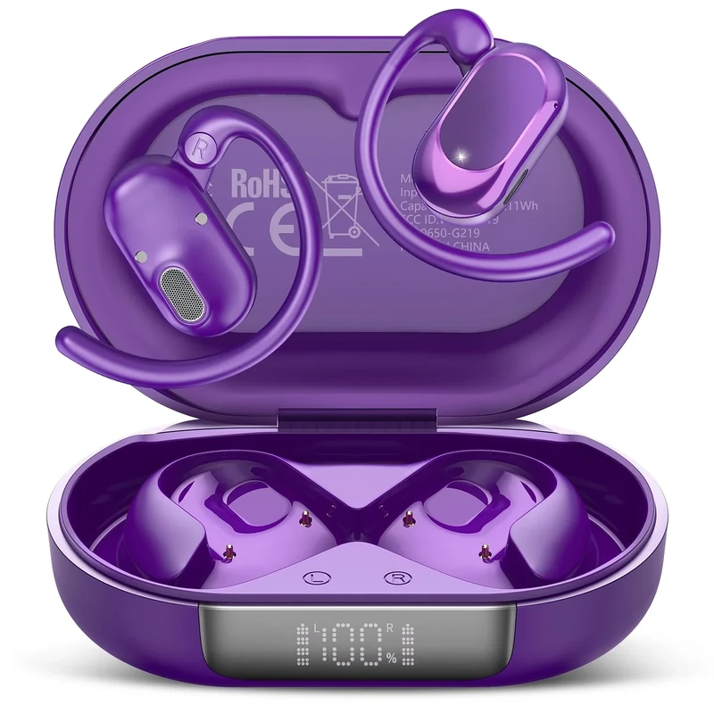 STECEi Open Ear Headphones, Bluetooth 5.4 Earphones 36H Playtime Air Conduction Headphones with Mic, Adjustable Earhook Earbuds with ENC Clear Calls/LED Display, IPX7 Open Ear Earbuds, Dark Purple