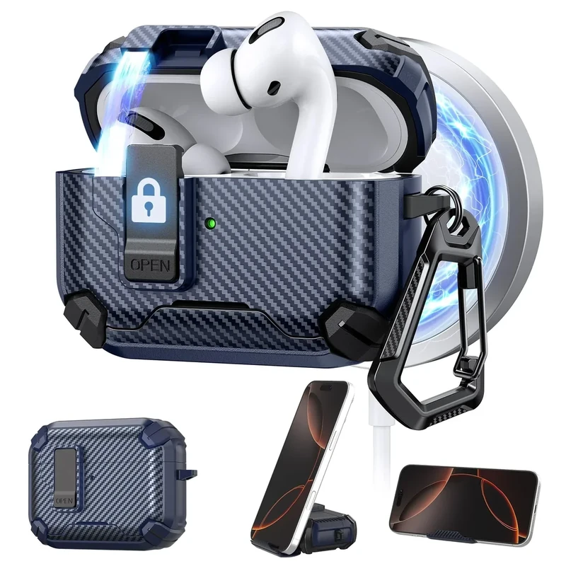 Maxjoy AirPods Pro 3 Case 2025 - MagSafe Auto Lock - Carbon Dark Blue