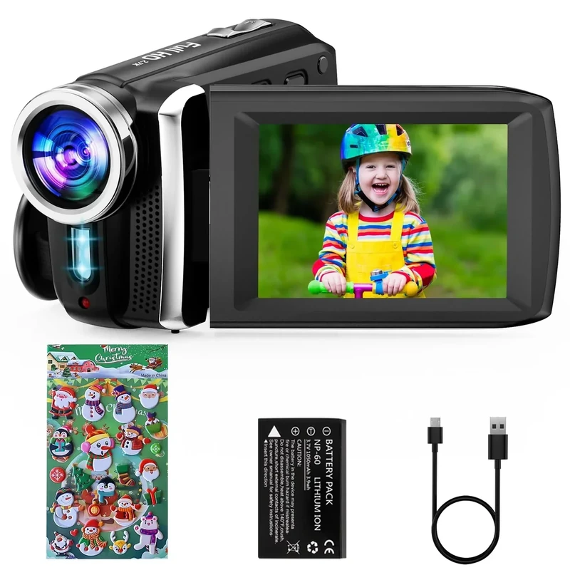 Rawiemy Video Camera Camcorder HD 2.7K 36MP Kids Camcorder Vlogging Camera for YouTube TikTok Digital Video Camera Recorder,Christmas Stickers,8X Digital Zoom for Kids (Black)