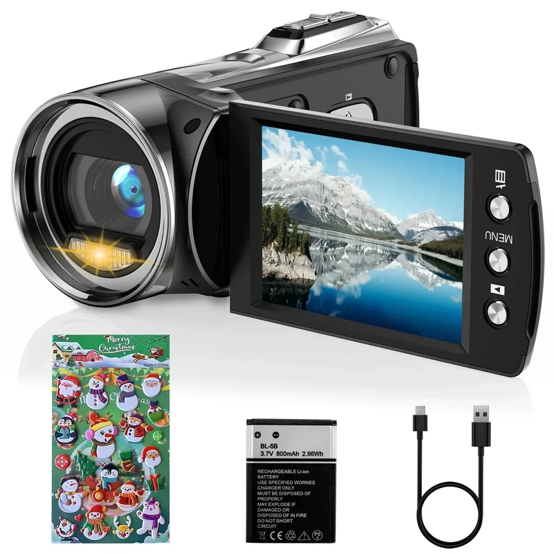 Rawiemy Video Camera Camcorder HD 2.7K 36MP Kids Camcorder Vlogging Camera for YouTube TikTok Digital Video Camera Recorder,Christmas Stickers,8X Digital Zoom Camera for Kids (Black)