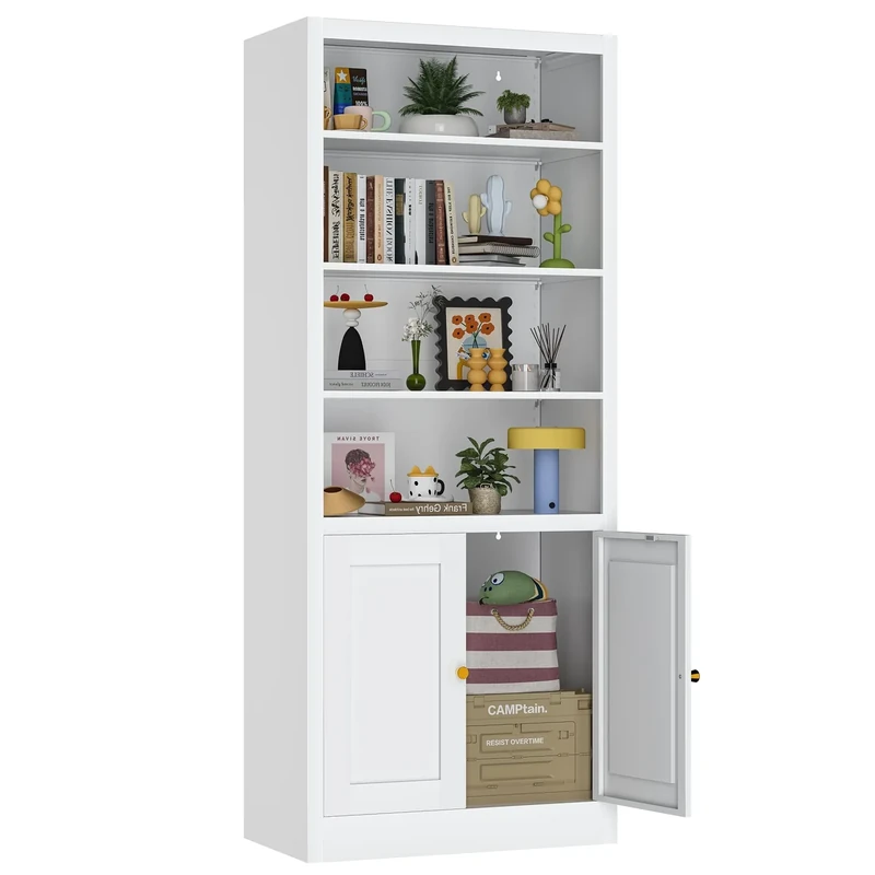 DUTYSEST Metal Bookshelf with Doors, DVD Storage Cabinets with Adjustable Shelves, Tall White Boocase with Storage for Living Room, Study, Media Room & Home Office