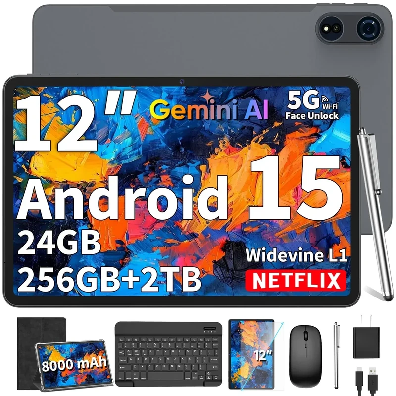 2025 12 Inch Tablet, Android 15 Tablets with Keyboard, 24GB+256GB+2TB Expand, 2K Display, Tablet PC with 5G WiFi, Octa-Core, 8000mAh, BT5.0, GMS, GPS, 2 in 1 Tablets with Case, Mouse, Stylus(Black)