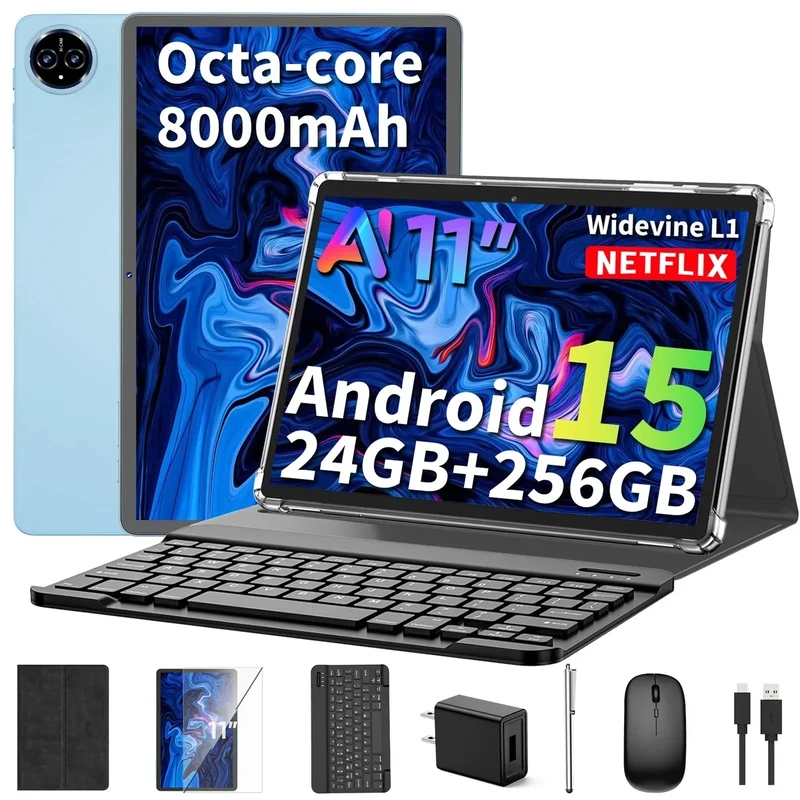 2026 11 inch Tablet, Android 15 Tablets with Keyboard, 24GB+256GB+2TB Expand, Octa-Core, 8000mAh, Tablet PC with 5G/2.4G WiFi, BT5.0, GMS, GPS, 2 in 1 Tablets with Case, Mouse, Stylus(Black Case)
