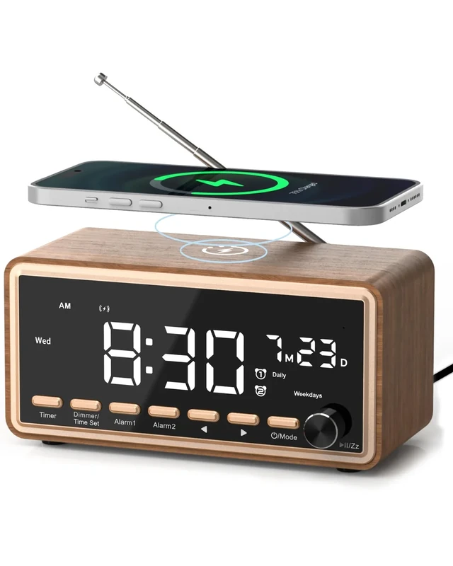 Digital Alarm Clocks Radio for Bedrooms,FM Radio & White Noise Sound Machine with Timer,Bluetooth Speaker,Dual Alarm Clock with Wireless Charging,Dimmable Big LED Display,Holiday Gifts for Men Women