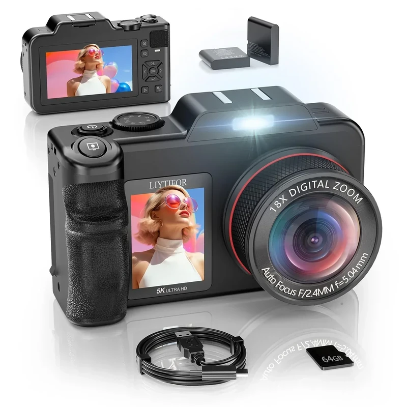 LIYTIFOR 5K 80MP Dual Screen Camera - 18X Zoom, 64GB Card, 2 Batteries