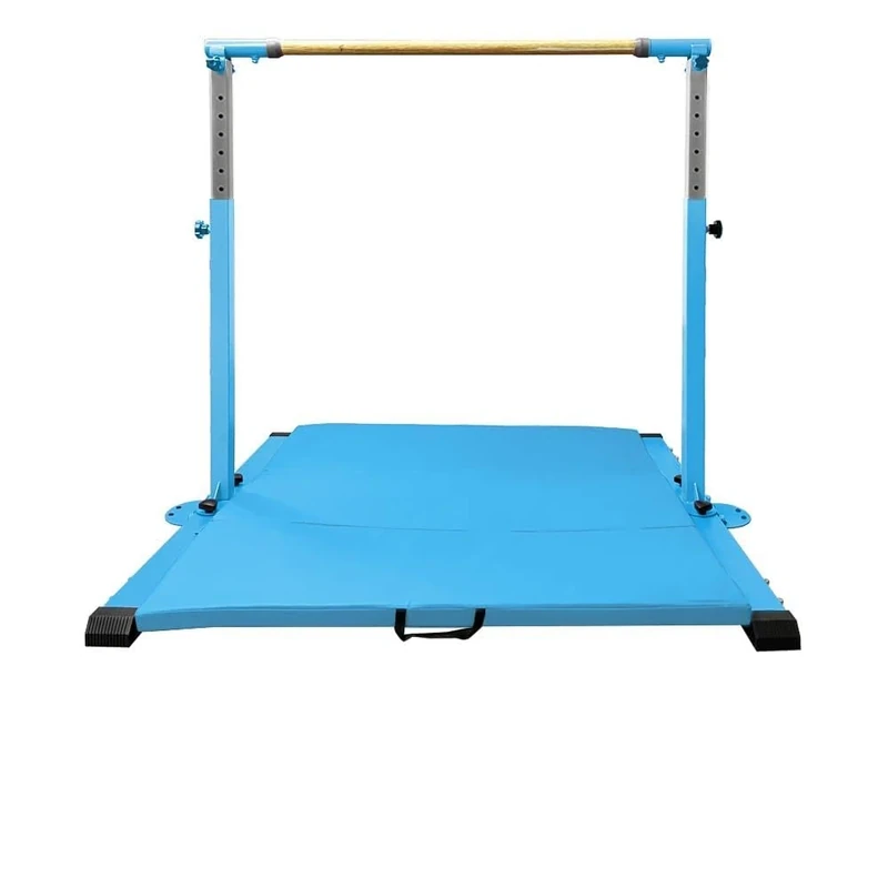 GBVUGY Gymnastics Kip Bar for Home Indoor Training,Horizontal Bar for Kids Girls Junior,Adjustable Arms from 3' - 5' Gym Equipment,1-4 Levels,300lbs Weight Capacity (with MAT, LIGHTBLUE)