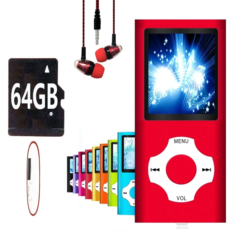 64GB MP3 Player, Hotechs MP3 Music Player with Slim Classic Digital LCD 1.82'' Screen Mini USB Port with FM Radio, Voice Record (Red)