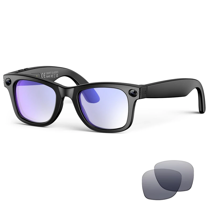 AI Smart Glasses with Camera and Bluetooth,8MP 2K HD Camera Glasses,AI Voice Control,AI Photo Recognition and Translation,Smart Anti-Blue Light Glasses,IP67 Waterproof for Driving,Outdoor,+2 Lenses.