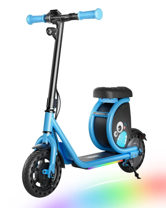 Hiboy JoyHaul Electric Scooter for Kids, Ages 4-10 – LED Neon Lights, 100W Brushless Motor, 56.16Wh Battery, Under-Seat Storage & Safety Brake, Blue