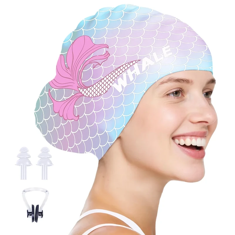 WHALE Extra Large Swim Cap Designed for Men and Women with Thick, Long Hair, Hair Extensions Or Afro-Textured Hair Long-Hair Swim Cap Highly Waterproof to Keep Hair Dry (Dreamlike Mermaid)