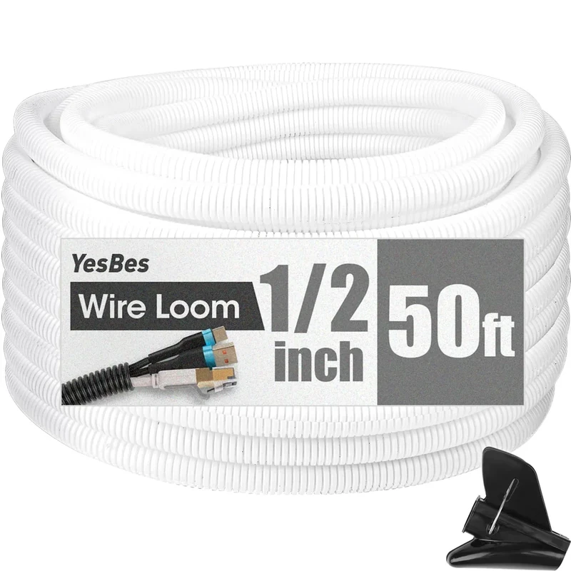 YesBes 50 FT 1/2" Split Wire Loom - White Cable Protector