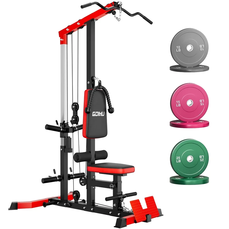 GOIMU LS01 LAT Pulldown Machine, LAT Row Cable Machine with AB Crunch, LAT Tower with Cable Row Attachments, 3 in 1 Pulley Stations for Home Gym (Red with Colorful Weights 70lbs)