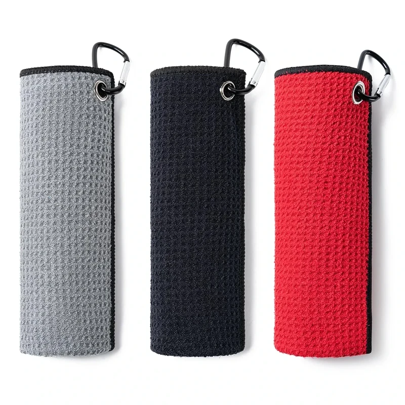 Husfunov 3 Pack Golf Towels(16" X 16") with Carabiner Clip,Microfiber Fabric Waffle Pattern Towels for Golf Bags,Tri-Fold Portable Towels for Men Women,Red/Black/Gray