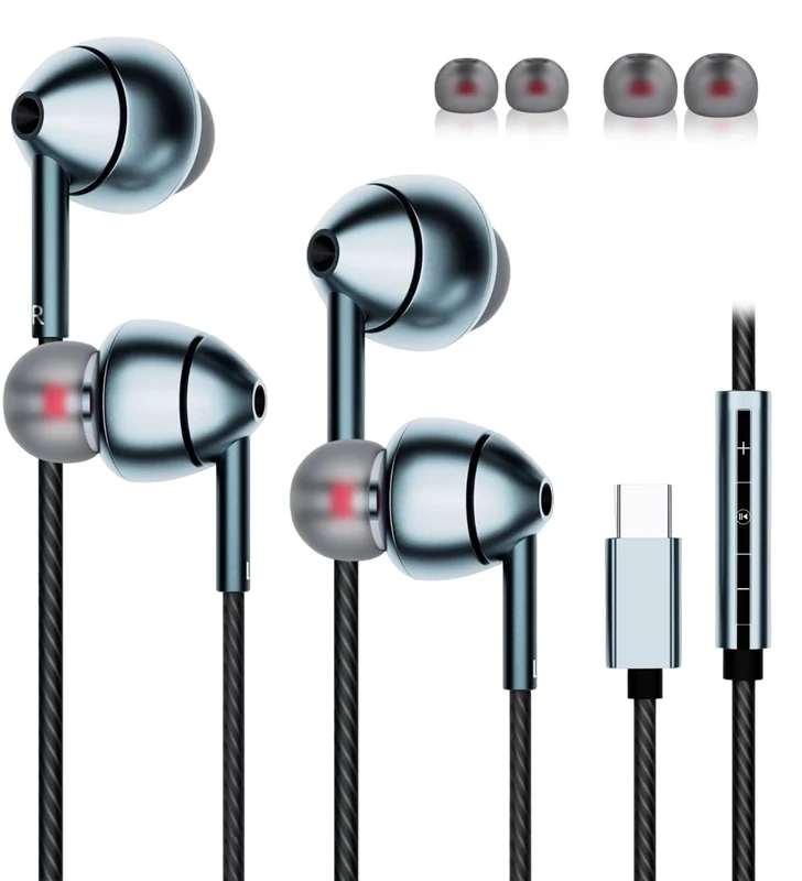 USB-C Wired Earbuds with Microphone, Volume Control, Noise Canceling, Compatible with Samsung Galaxy S24 S23 S22, iPhone 15, Pixel Phones (2Pack-Gray) - Image 1