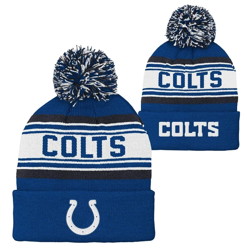 NFL Kids Youth 8-20 Official Primary Logo Jacquard Sport Knit Cold Weather Cuffed Pom Beanie Hat (US, Alpha, One Size, Indianapolis Colts, Indianapolis Colts)