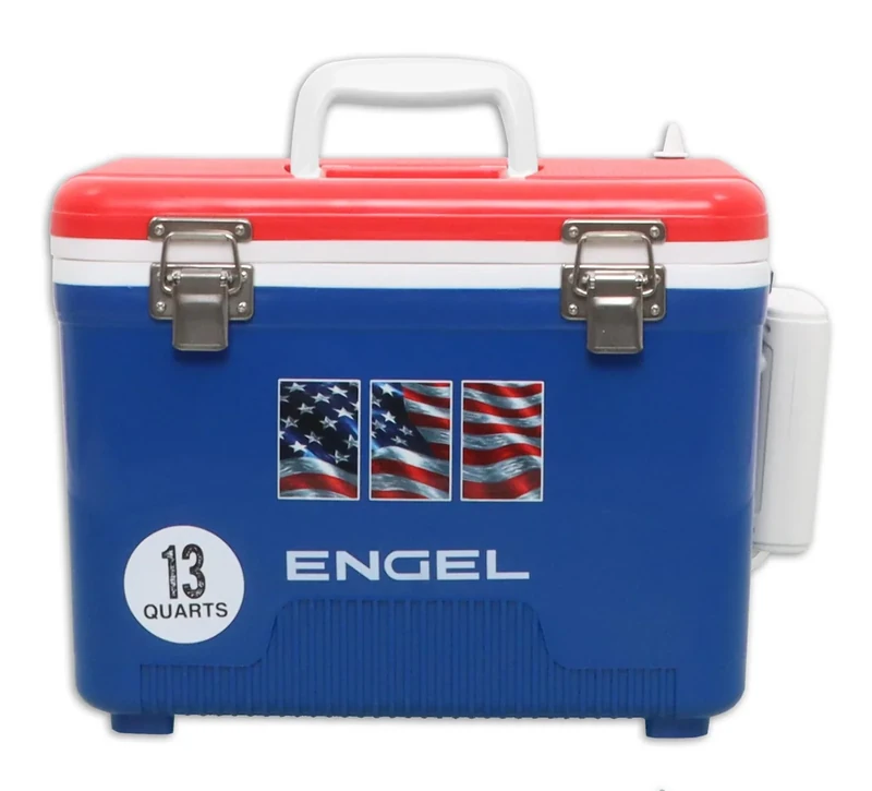ENGEL 13 Quart Live Bait Cooler PRO for Fishing - Portable Minnow and Bait Bucket with Lithium-Ion Rechargeable Aerator - Red White and Blue LBC13-RWBFLAG-PRO