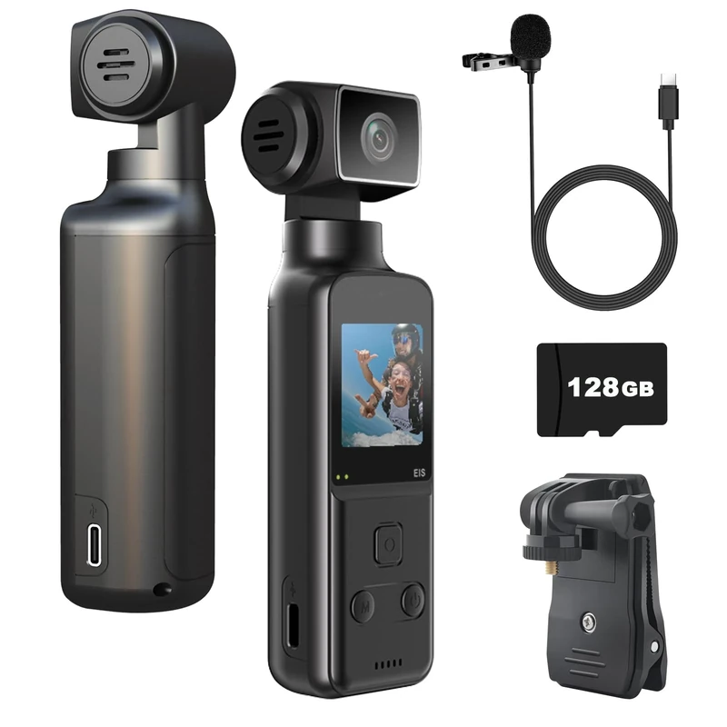 ZOMFOM 4K Body Camera with External Microphone, Mini Video & Audio Pocket Cam 270° Rotation Camera for Outdoor Sport, Bike, Travel, Police Law Enforcement, Personal Civilians, 128GB Included