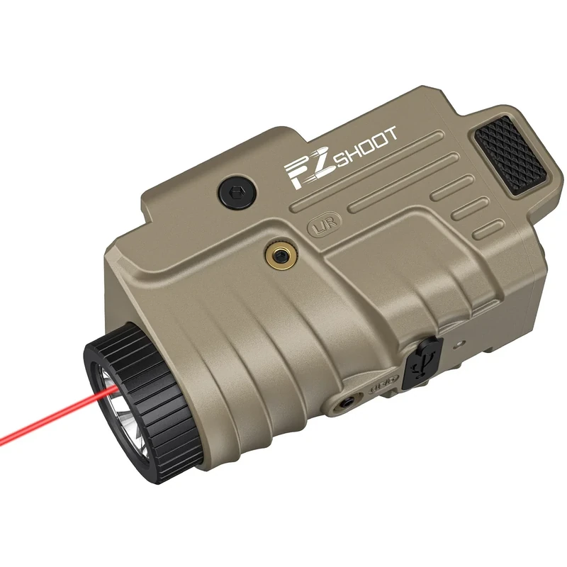 EZshoot 800 Lumens Pistol Light Laser Combo Rechargeable, Pistol Flashlight with Slidable Rail Compatible with Glock and Picatinny Rail, Gun Light with Red Laser Beam, Desert Tan