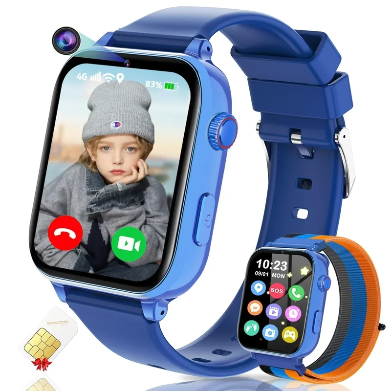 4G Kids Smart Watch GPS Tracker, Smartwatch for Kid with Video Calling, Voice Chat, Class Mode, SOS , Pedometer, Alarm, Games, SIM Card HD Touch Screen Phone Watch Gift for 4-12 Girls Boys, Blue
