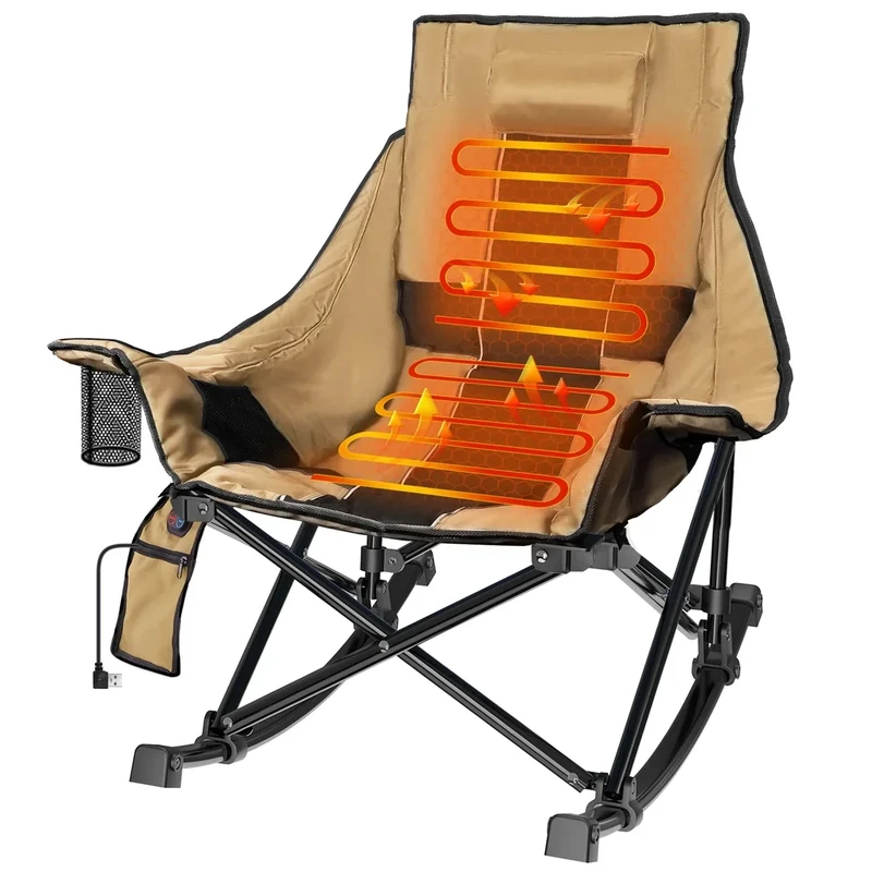 Slendor Oversized Heated Camping Chair, Folding Heated Rocking Chair with Padded Pillow, 3 Adjustable Heat Settings Portable Camp Chair for Outdoor & Indoor Use, NO Power Bank, Khaki