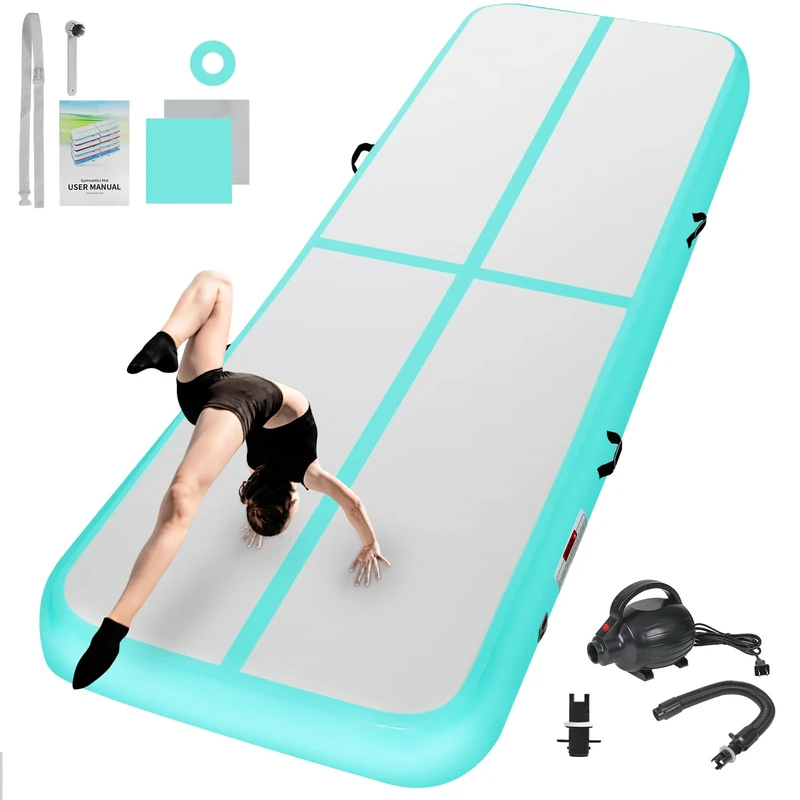 Inflatable Gymnastics Mat 10ft/13ft/16ft/20ft/ Air Tumbling Track Mats 4/8 inches Thick for Home Use/Training/Cheerleading/Yoga/Water with Pump 13ft x 5ft x 6inch Mint Green