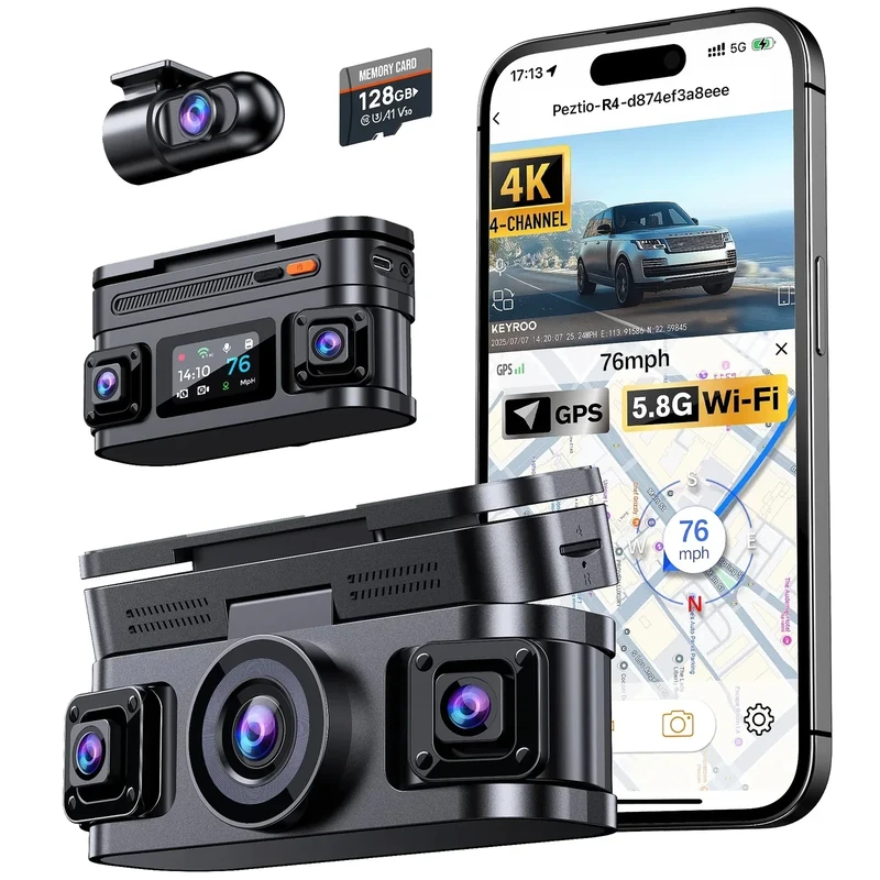 KEYROO 360° View 4K 4 Channel Dash Cam Front and Rear Inside Left Right, Built-in GPS, 5.8GHz WiFi, Car Dash Camera for Cars with App Connect, Support Parking Mode, G-Sensor, Free 128GB Card