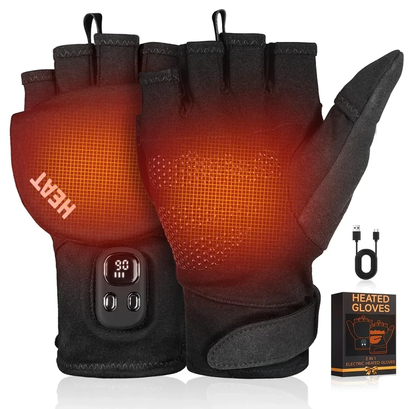 Heated Gloves for Men Women – 2 in 1 Full & Half Finger Design, Rechargeable Heated Fingerless Gloves with Touchscreen, Gifts for Christmas, Winter Hand Warmer for Work, Game, Cycling, Skiing, Large
